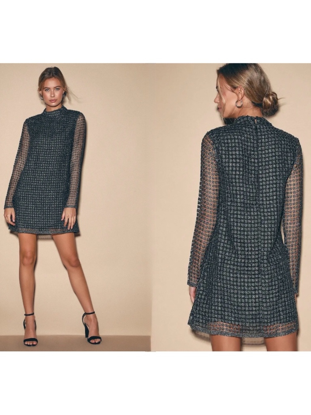 NWT Lulus Set Me Free Metallic Lace Long Sleeve High Neck Mini Dress S